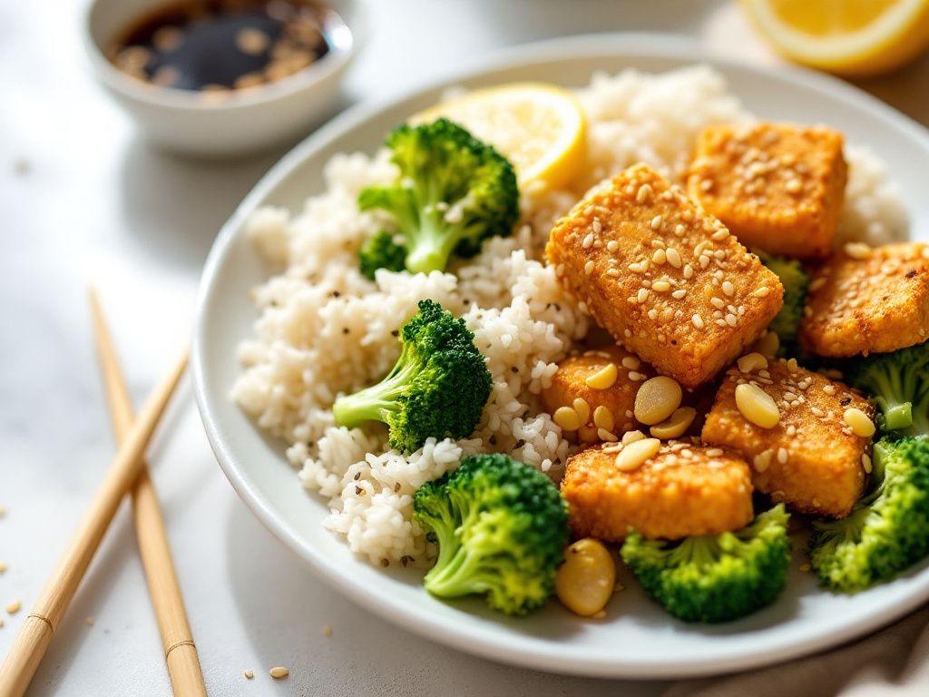 Wegański obiad: Tofu w sezamowej Panierce z ryżem i brokułami