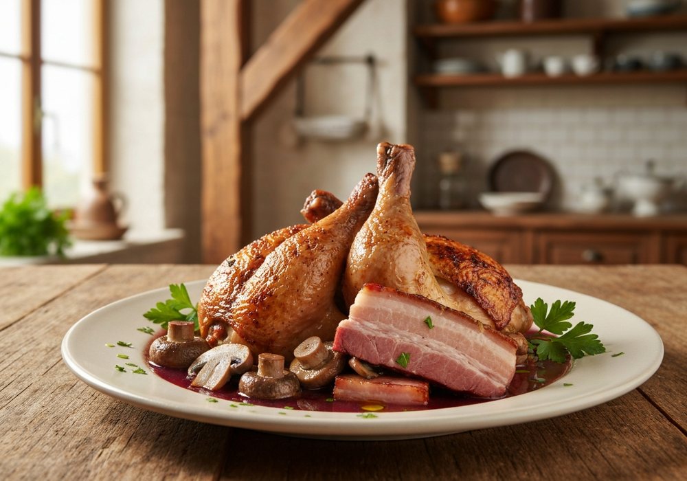 Coq au vin z kurczakiem, boczkiem i pieczarkami