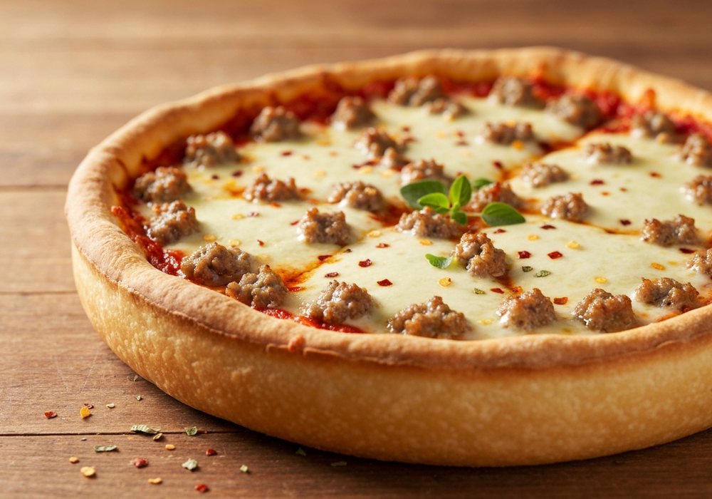 Deep dish pizza w stylu chicagowskim z mozzarellą i kiełbasą