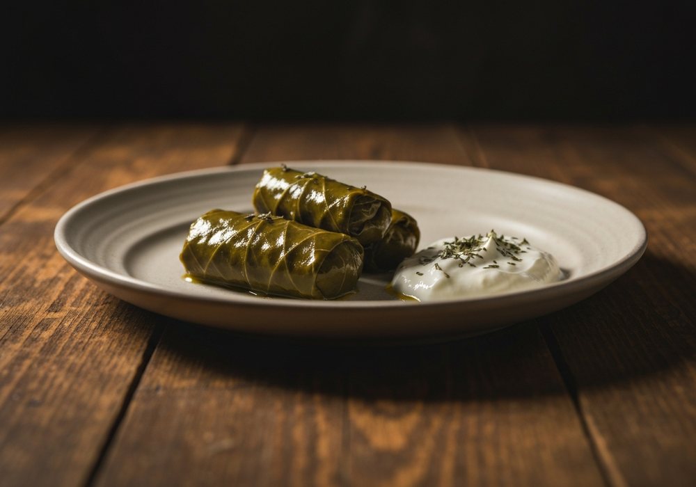 Dolma z liści winogron z ryżem, ziołami i jogurtem czosnkowym