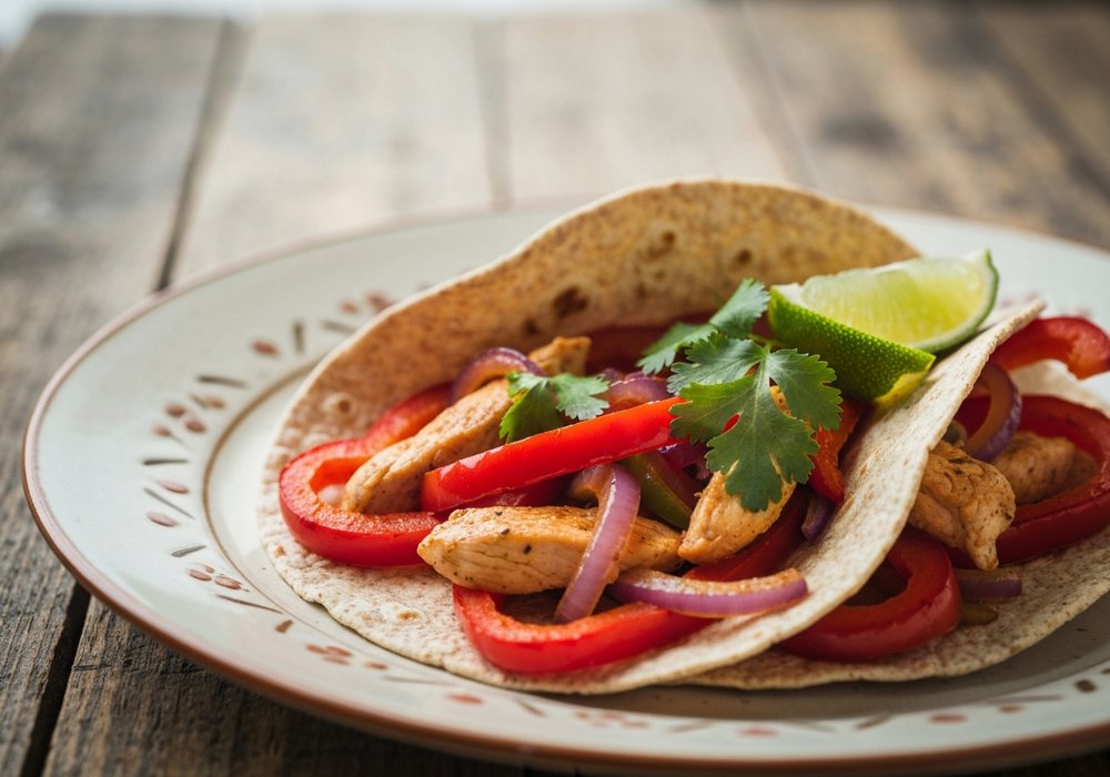 Fajitas z kurczakiem, papryką i cebulą w tortilli