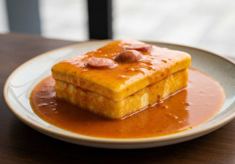Francesinha – portugalska kanapka z wołowiną, kiełbasą i serem w pikantnym sosie