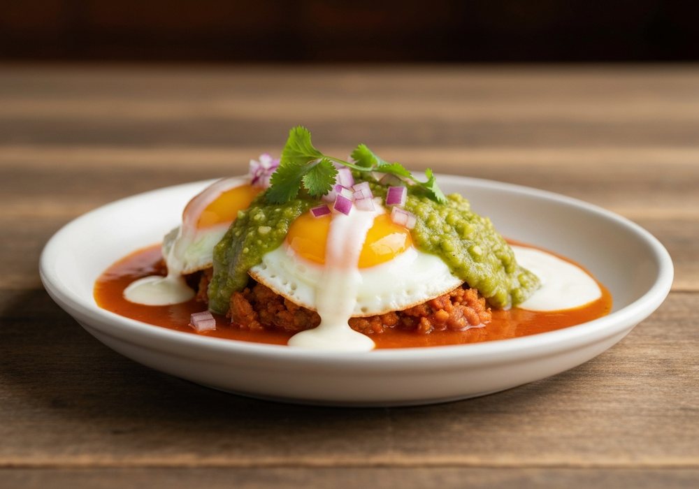 Huevos rancheros z pikantną salsą pomidorową i tortillą