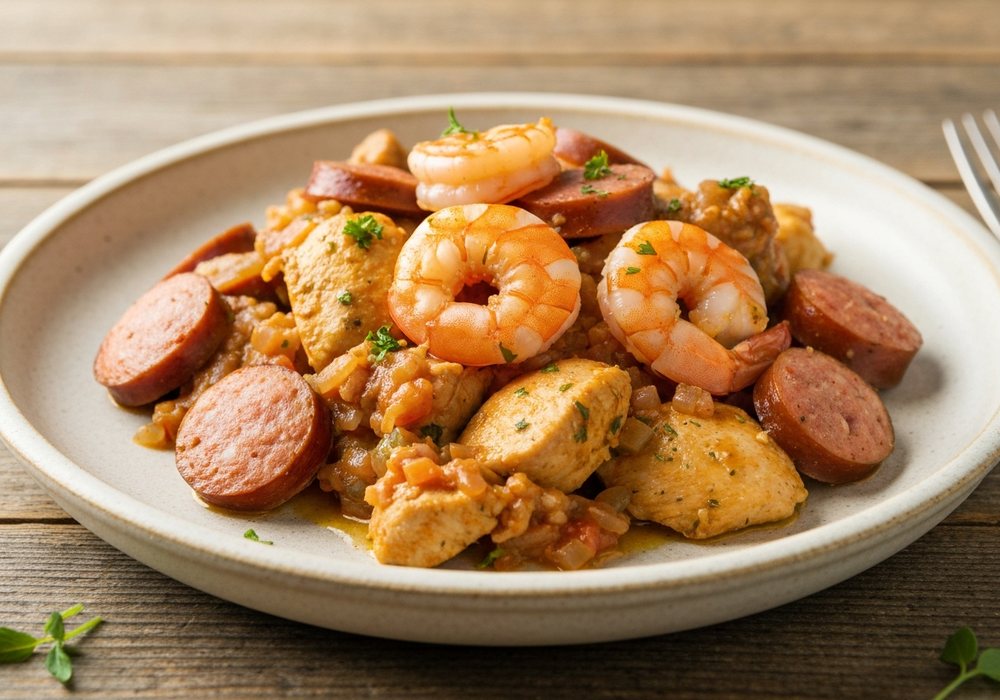 Jambalaya z kurczakiem, kiełbasą i krewetkami