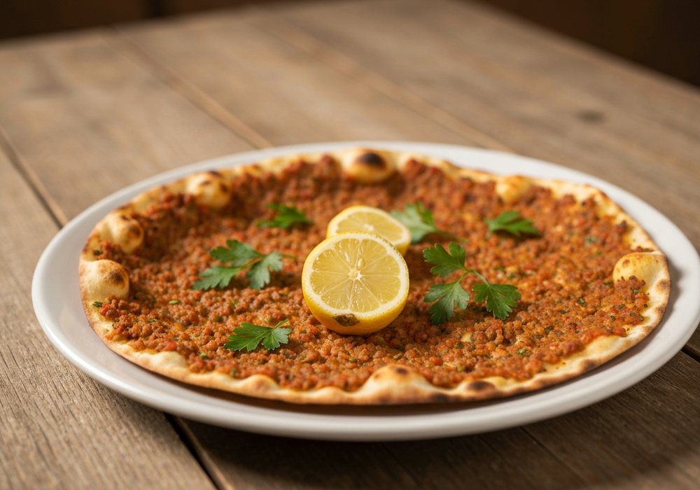 Lahmacun z aromatycznym farszem mięsnym i cytryną