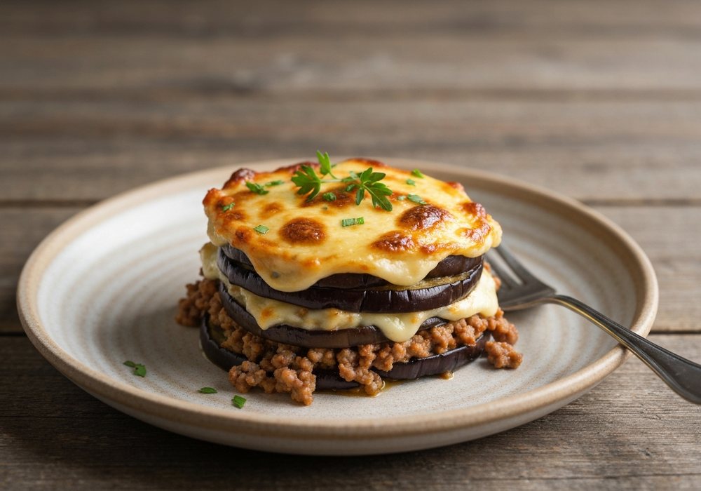 Moussaka grecka z bakłażanem, ziemniakami i beszamelem
