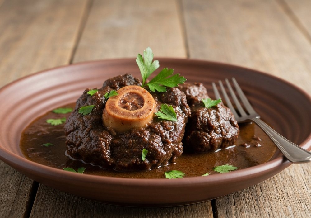 Ossobuco wołowe duszone w sosie warzywno-winnym