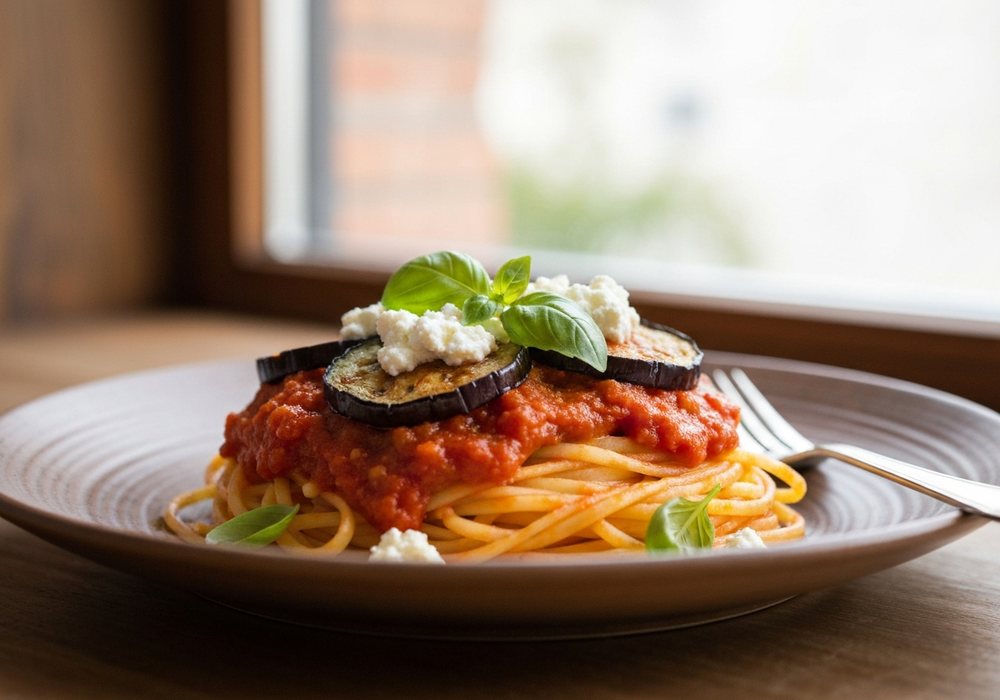 Pasta alla norma z bakłażanem, pomidorami i ricottą salata