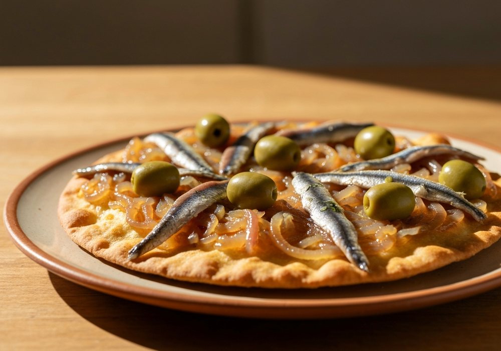 Pissaladiere prowansalski placek z karmelizowaną cebulą, anchois i oliwkami