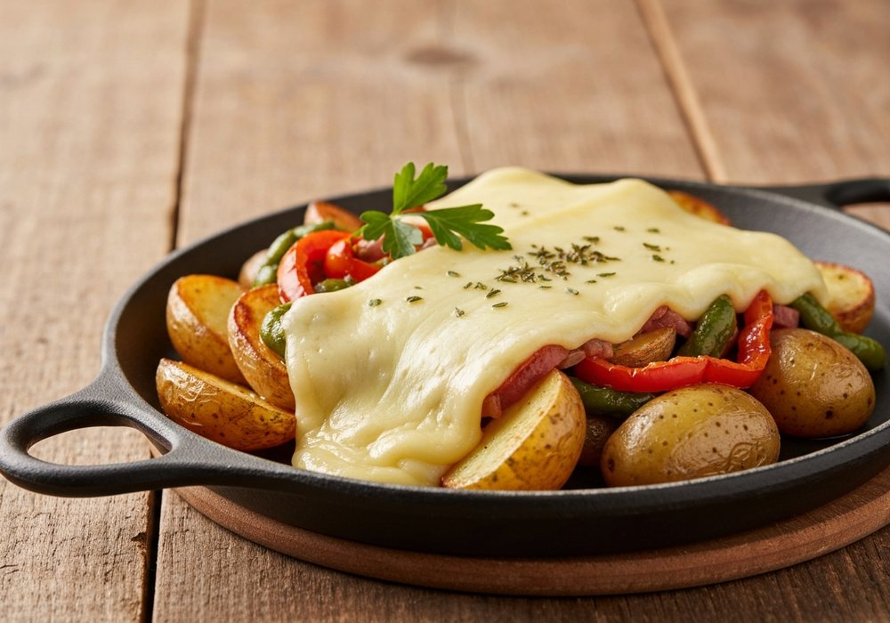 Klasyczne alpejskie raclette z ziemniakami i marynatami