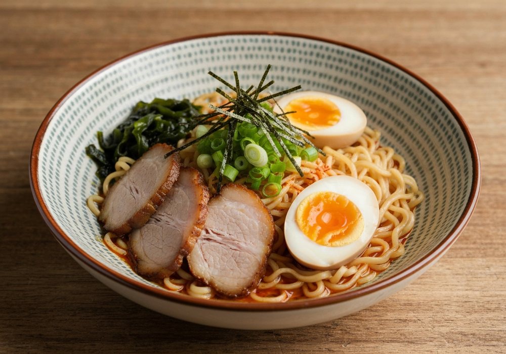 Ramen z aromatycznym bulionem, wieprzowiną i jajkiem