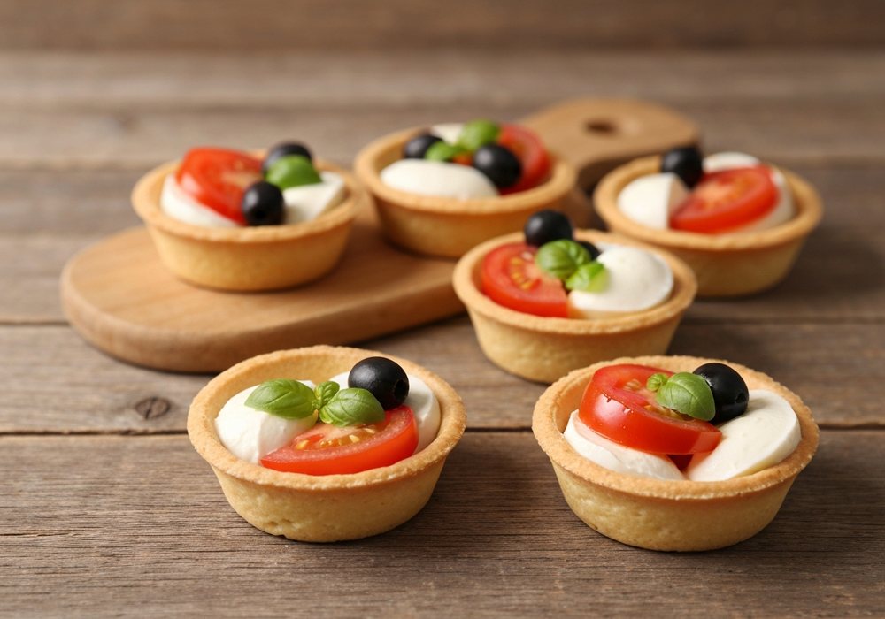 Tartaletki z ciasta francuskiego z pomidorami, mozzarellą i oliwkami