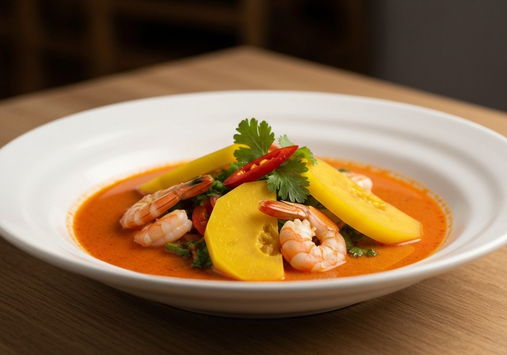 Zupa tom yum z krewetkami i aromatycznymi ziołami